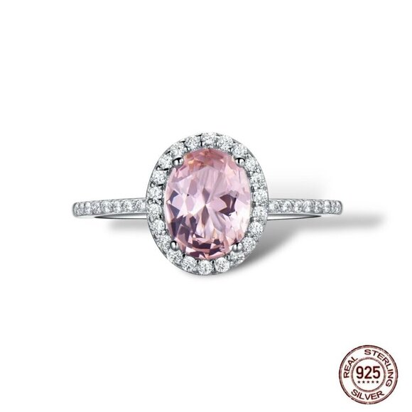NWT Pink Sapphire Ring Sz.8 S925 Silver Halo Oval Solitaire Quiet Luxury Glam - Picture 1 of 10